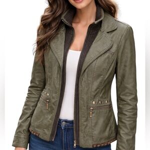 Montana Co Vegan Leather Jacket Crochet Trim Peplum Ruffle Detail in Olive Green